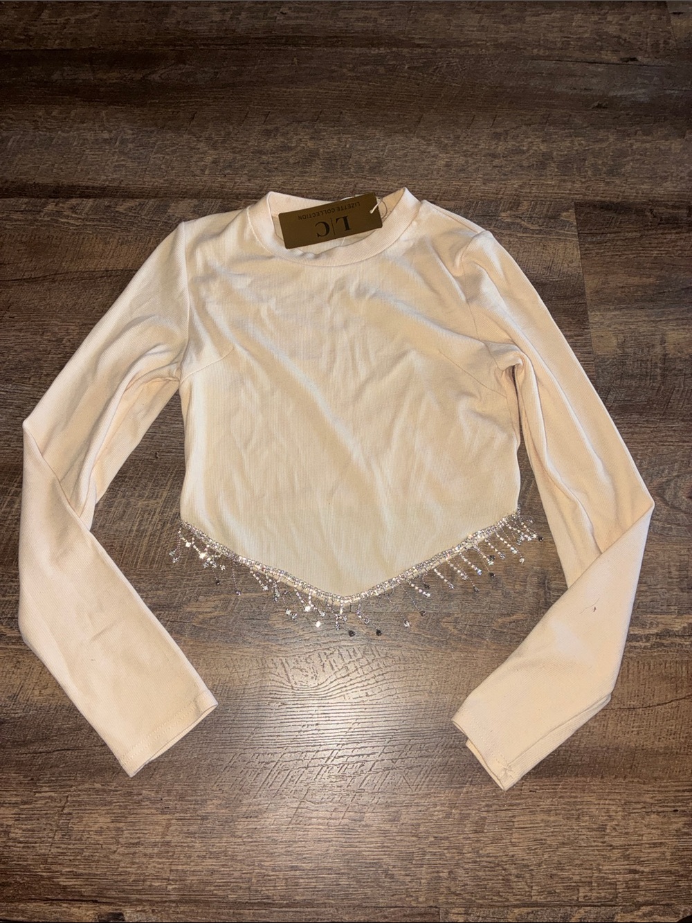 Long-Sleeve Ivory Beaded Fringe Crop Top